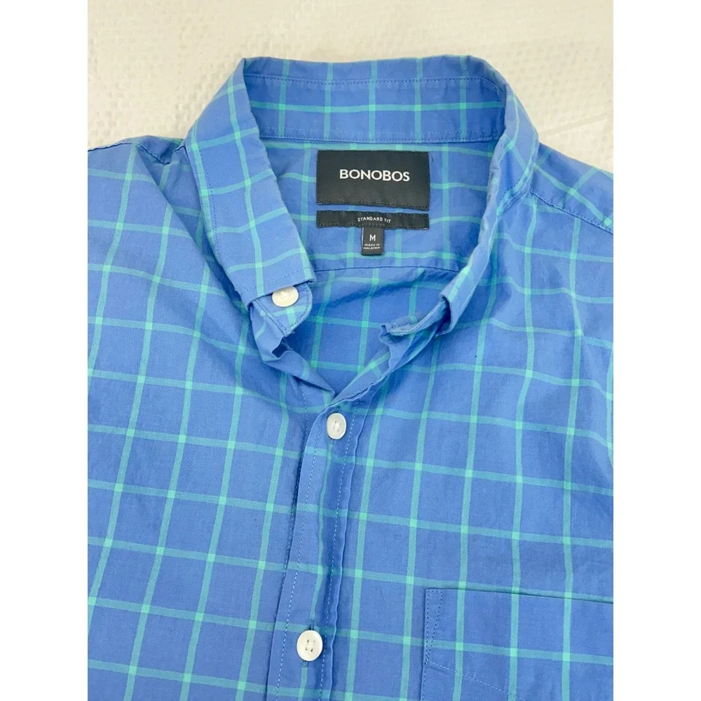 Bonobos‎ Mens Standard Fit Blue Teal Windowpane Check Button Down Shirt Size M